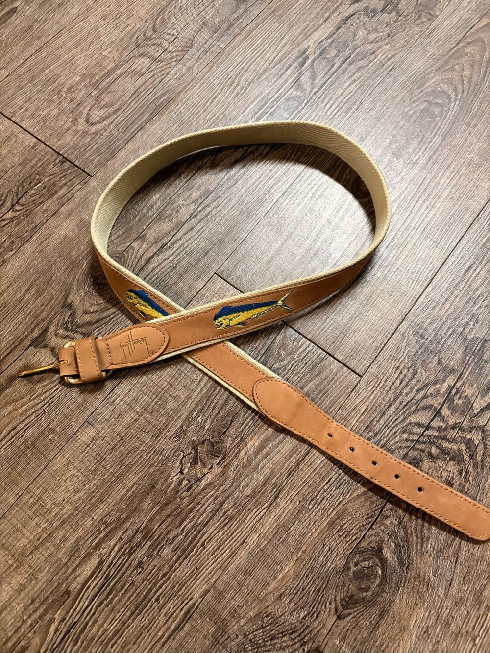 Guy Harvey Tan Leather-Trim Canvas Strap with Blue & Yellow Fish Embroidery